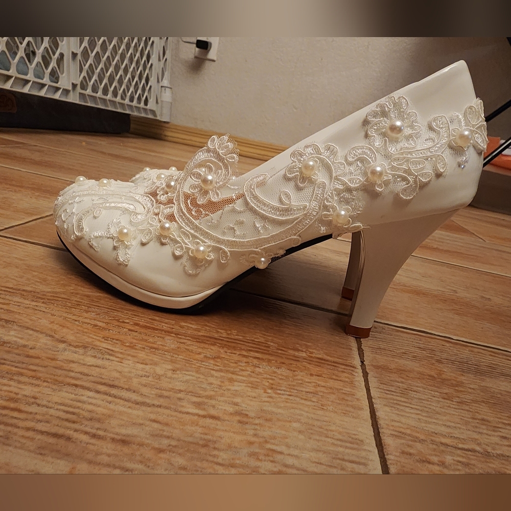 Bridal Shoes red bottoms with pearl Stitching Lace and rhinestones